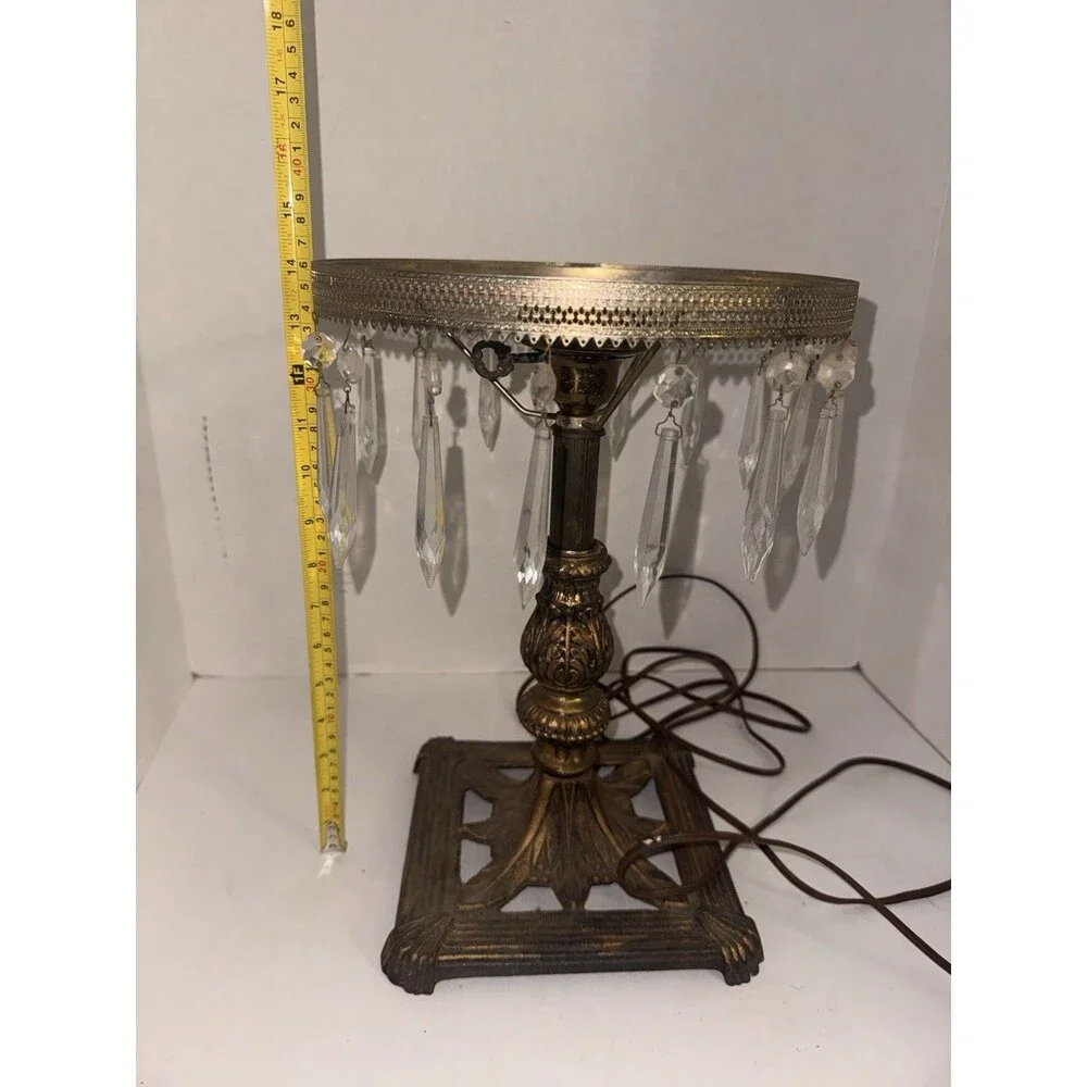 Vintage Art Deco Crystal Prisms Boudoir Table Lamp Cast Iron Bronze Tone 20s 30s